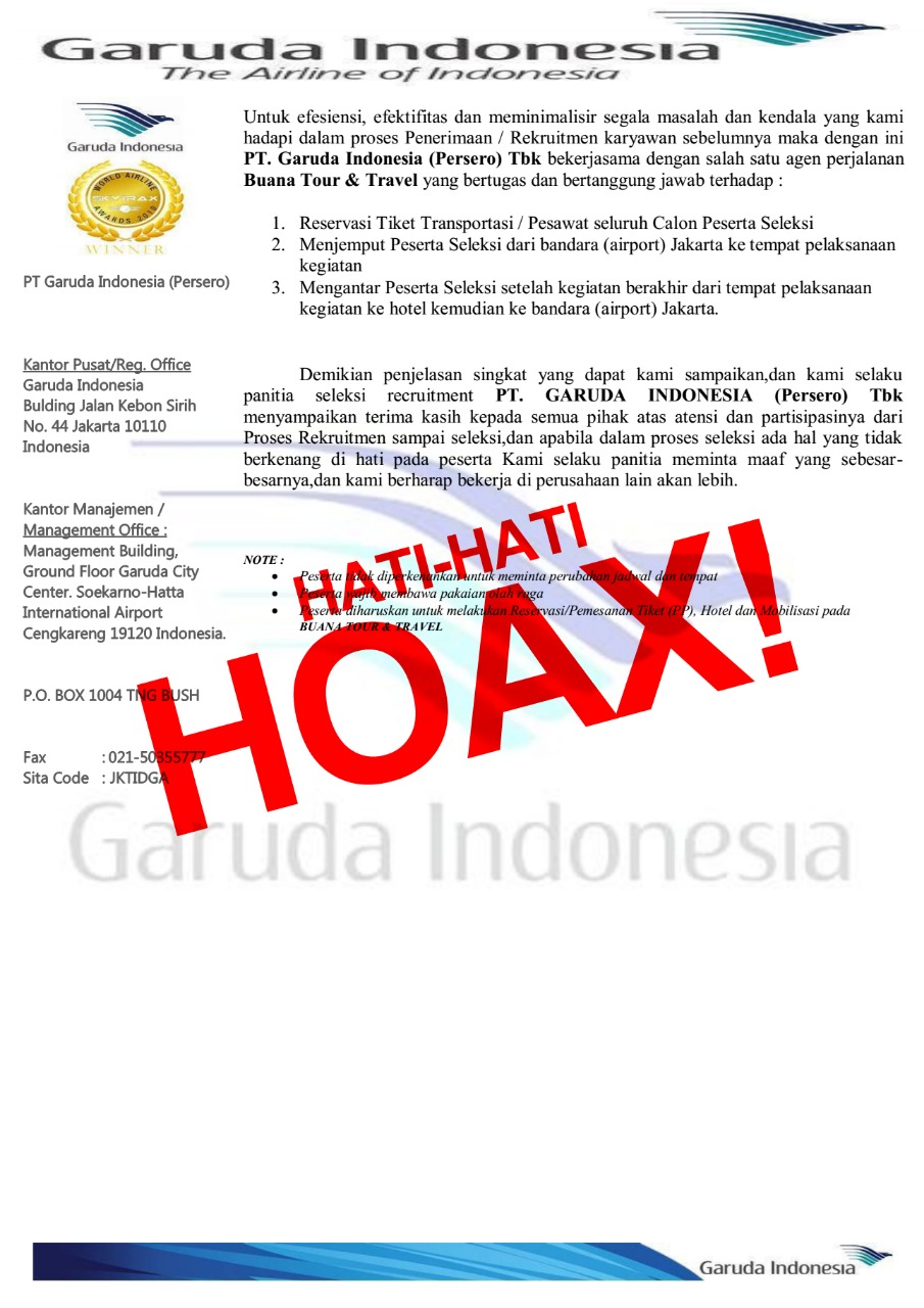 Himbauan Antisipasi Penipuan Rekrutmen Pegawai Mengatasnamakan Garuda  Indonesia - Garuda Indonesia